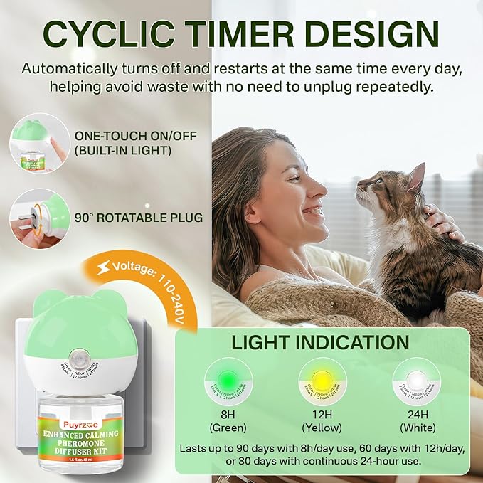 Cat Calming Diffuser with 3 Timing Functions, 3-in-1 Cat Pheromones Calming Diffuser Kit, 60-Day Anxiety Relief, Stress Reduction & Relaxation for All Cats (1 Diffuser + 2 Refills)