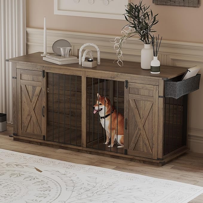 Large Dog Crate Furniture for 2 Dogs, Extra-Large Indoor Dog House with Partition, Heavy-Duty Sturdy Dog Kennel for Large Dogs, 1 Storage Bag, Farmhouse Style Cage