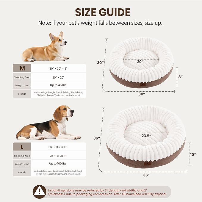 Calming Donut Dog Bed - 36" Round Washable Large Size Pet Bed for Dogs and Cats, Anti-Slip Corduroy Fleece Cat Bed, Anti-Anxiety Cushion with Anti-Slip Bottom