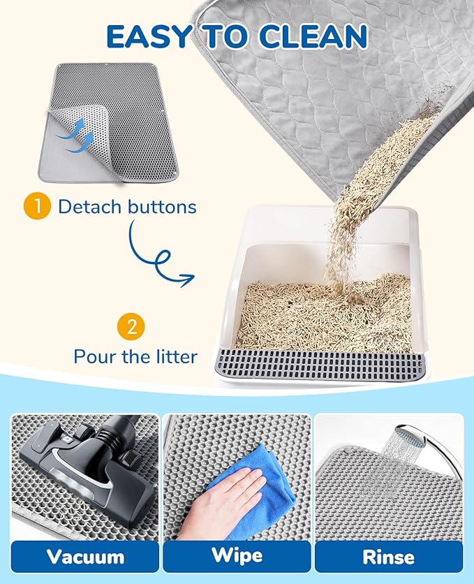 BurgeonNest 45"x32" Extra Large Cat Litter Mat, Honeycomb Double Layer Kitty Litter Trapping Mat, Urine Proof & Waterproof, Easy Clean, Machine Washable, Non-Slip, Scatter Control-Grey