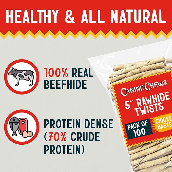 Canine Chews Small Rawhide Twists for Dogs - Pack of 100 5" Chicken Flavored Rawhide Sticks for Small Dogs & Puppies - Protein Dense Chicken Rawhide Twists - Natural Dog Rawhide Sticks