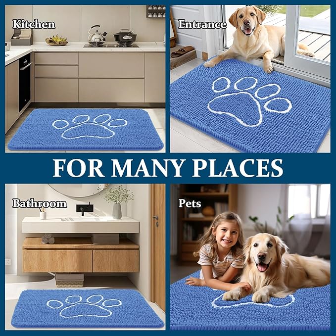 OLANLY Dog Door Mat for Muddy Paws 48x30, Paw Print Design, Absorbs Moisture and Dirt, Absorbent Non-Slip Washable Doormat, Quick Dry Chenille Mud Mat, Entry Indoor Entryway Carpet, Cornflower Blue