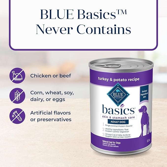 Blue Buffalo Basics Grain-Free Adult Wet Dog Food, Skin & Stomach Care, Limited Ingredient Diet, Turkey Recipe, 12.5-oz Can, 12 Count