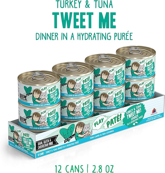 Weruva B.F.F. Play - Best Feline Friend Paté Lovers, Aw Yeah!, Turkey & Tuna Tweet Me! with Turkey & Tuna, 2.8oz Can (Pack of 12)