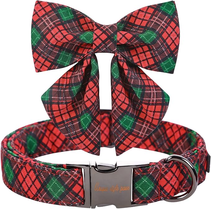 Unique style paws Christmas Dog Collar with Tie Red Green Plaid Adjustable Cotton Puppy Collar for Small Medium Large Dogs-XS