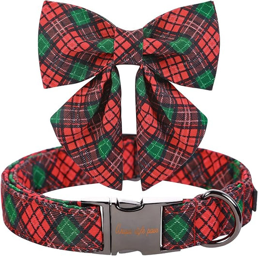 Unique style paws Christmas Dog Collar with Tie Red Green Plaid Adjustable Cotton Puppy Collar for Small Medium Large Dogs-XS