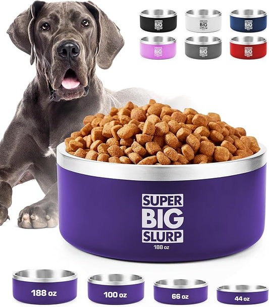 Tuff Pupper Heavy Duty Insulated Dog Bowl | Double Wall Stainless Steel Dog Food Dish | Non-Slip Spill Proof Dishwasher Safe Cat Bowl | Water Dish for Feeding Large Medium Small Pets (188oz, Purple)