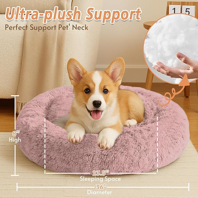 JOLLYVOGUE Calming Dog & Cat Bed for Large Dogs, Anti-Anxiety Donut Cuddler Cozy Soft Round Bed with Anti-Slip Bottom, Fluffy Faux Fur Plush Cushion Beds for Medium Dogs (36")