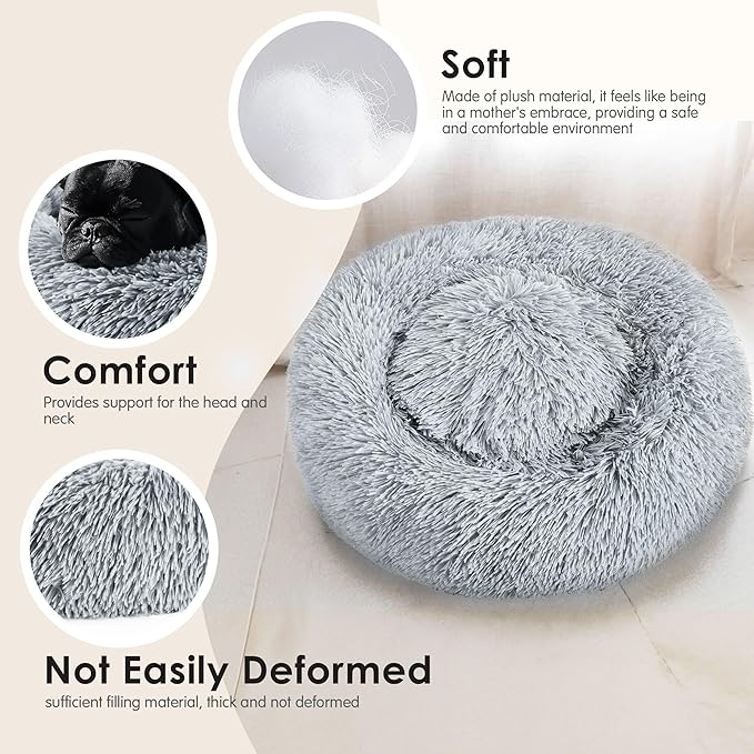 28in Large Dog Bed, Medium Size Dog and Cats, Calming Donut Bed for Puppy and Kitten, Washable Round Fluffy Pet Bed (Light Grey)