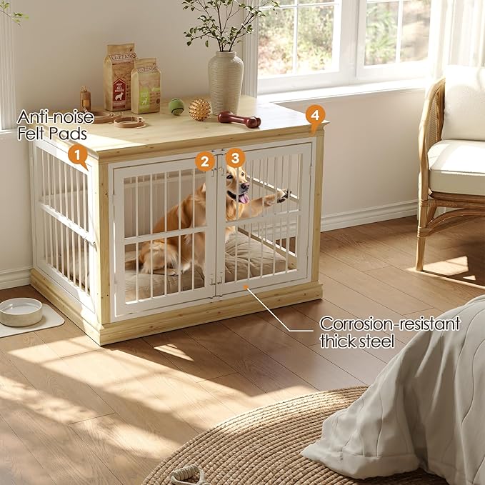 Dog Crate Furniture for Dogs - 42inch Large Dog Crate Sideboard and TV Stand, Solid Wood Chew-Proof and Silent Latches Design for Large and Medium Dogs, Wood Dog Kennel-(White+Natural)
