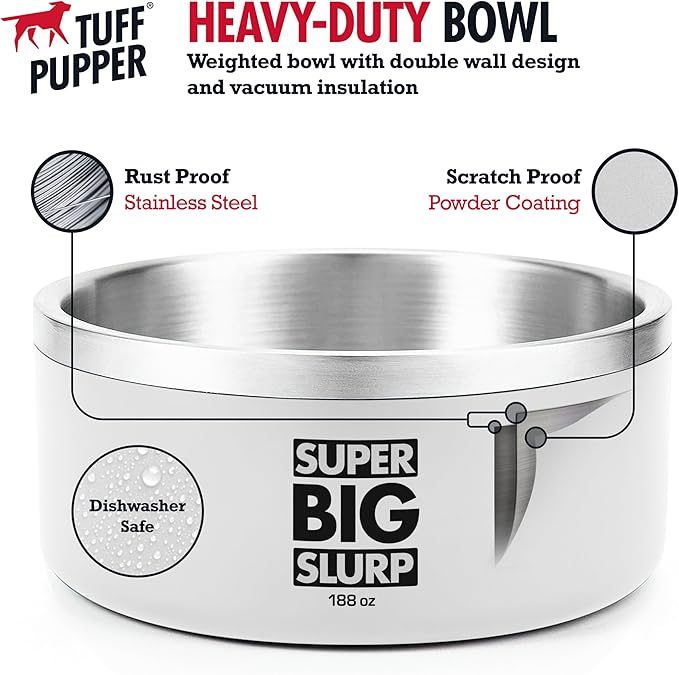 Tuff Pupper Heavy Duty Insulated Dog Bowl | Double Wall Stainless Steel Dog Food Dish | Non-Slip Spill Proof Dishwasher Safe Cat Bowl | Water Dish for Feeding Large Medium Small Pets (188oz, White)