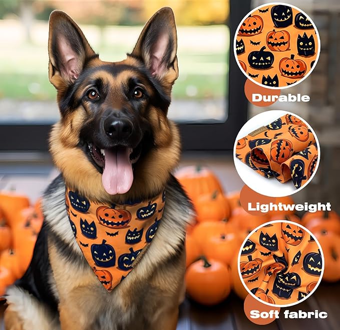 Halloween Dog Bandanas - 2 Pack 4 Pattern Bat & Pumpkin Pattern Dog Bibs - Reversible, Washable & Durable - Suitable for Small to X-Large Breeds