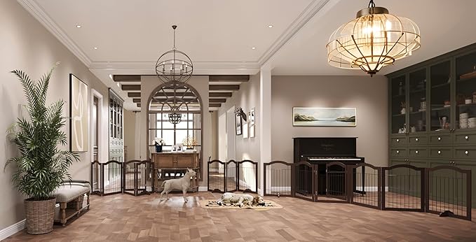 Vantas Folding No-Assembly Dog Door Pet Gate 144" Wide, 30" Tall Wooden Dog Gate with Door Walk Through, Freestanding Wire Pet Gate, Pet Puppy Safety Fence, with 2PCS Support – Espresso