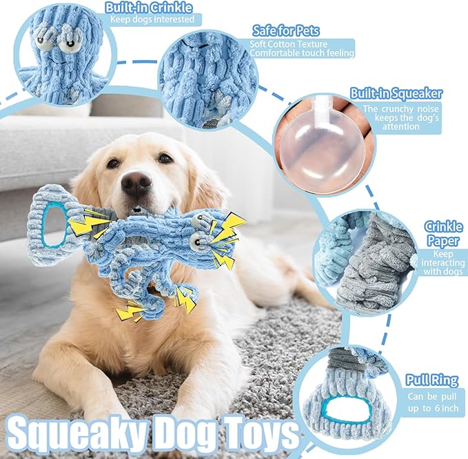 Squeaky Dog Toys, Octopus Dog Toy Interactive Tug of War Puppy Toy to Keep Them Busy (Blue)