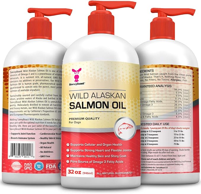 SavvyBeast Wild Alaskan Salmon Oil for Dogs, Cats & Ferrets – Omega-3 Fish Oil Pet Supplement with EPA & DHA – Supports Skin, Coat, Joints, Heart, Brain, Itch Relief & Immune – Unscented – 32 oz