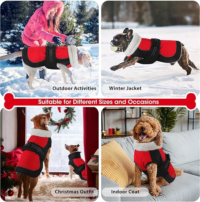 Dogcheer Dog Coat, Christmas Dog Jacket, Waterproof Turtleneck Puppy Winter Coat, Adjustable Pet Puffer Jacket, Reflective Warm Fleece Coats for Small Medium Large Dogs - Red, L