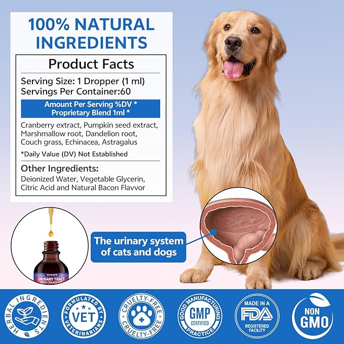 Cat & Dog Natural Urinary Tract Infection Treatment with Cranberry, Kidney, and Bladder Support Supplement, Support for Urinary Comfort & Bladder Flow – Pet Renal Care Support Drops