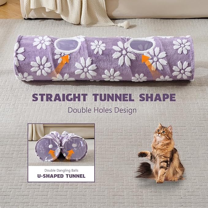 Straight Cat Tunnel for Indoor Cats 47"x12", Cute Cat Toys Collapsible Tunnel Tube with Balls for Puppy Kitten Rabbit, Purple Flower
