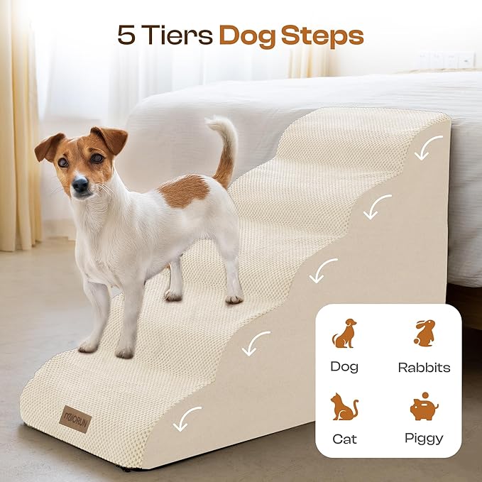 Replacement Cover for Miorun 5-Step Dog Stairs (Cover Only), Machine Washable, Anti-Slip, Fits Curved Dog Ramp for High Bed Up to 26", Beige