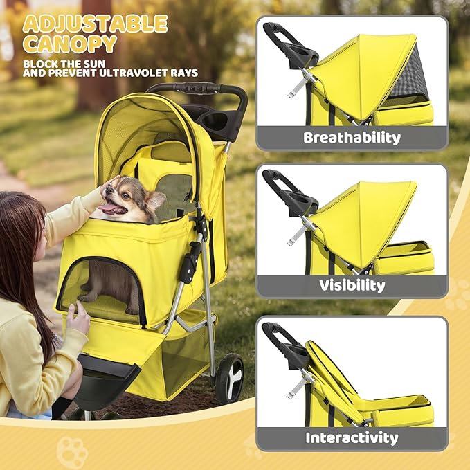 Magshion 3-Wheel Pet Stroller, Foldable Travel Jogger for Small & Medium Dogs & Cats (Up to 33lbs), Lightweight Carrier with Breathable Mesh Cover, Cup Holder & Storage Basket, Yellow