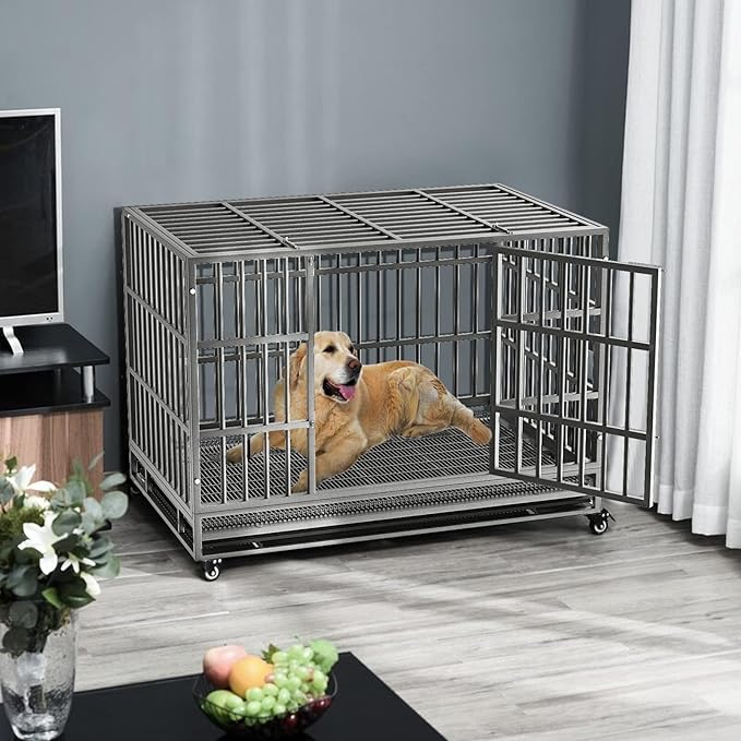 LEMBERI 42 inch Heavy Duty Indestructible Dog Crate, Escape Proof Dog Cage Kennel with Lockable Wheels,High Anxiety Double Door Dog Crate,Extra Large Crate Indoor for Large Dog with Removable Tray