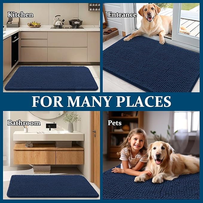OLANLY Dog Door Mat for Muddy Paws 30x20, Absorbs Moisture and Dirt, Absorbent Non-Slip Washable Doormat, Quick Dry Chenille Mud Mat for Dogs, Entry Indoor Entryway Carpet for Inside Floor, Dark Blue