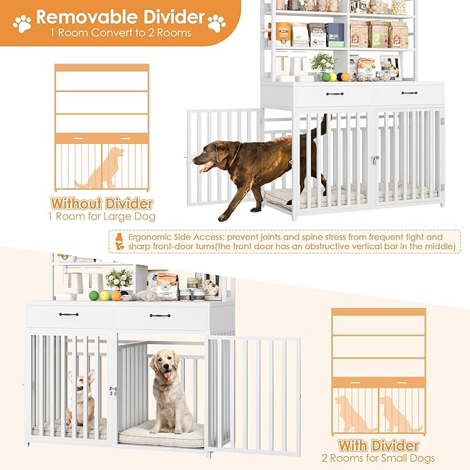 Keyluv 71''H x 47.2''W Large Dog Crate Furniture with 4-Tier Shelves and 2 Storage Drawers, Heavy Duty Dog Cage Furniture with 2 Doors, Wood & Metal Dog Kennel Indoor for Small/Medium/Large Dog, White