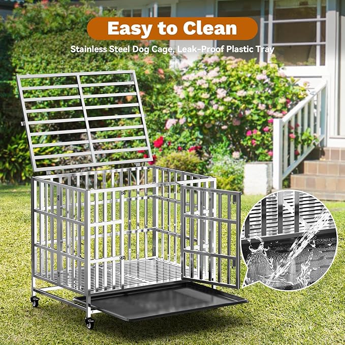 37" Heavy Duty Dog Crates for Large Dogs, Upgraded 4 Lockable Wheels, Stainless Steel Kennel Dog Kennel Indoor, Max Load 300Lbs, Easy to Clean, Escape Proof, XL Dog Cage for High Anxiety Dogs