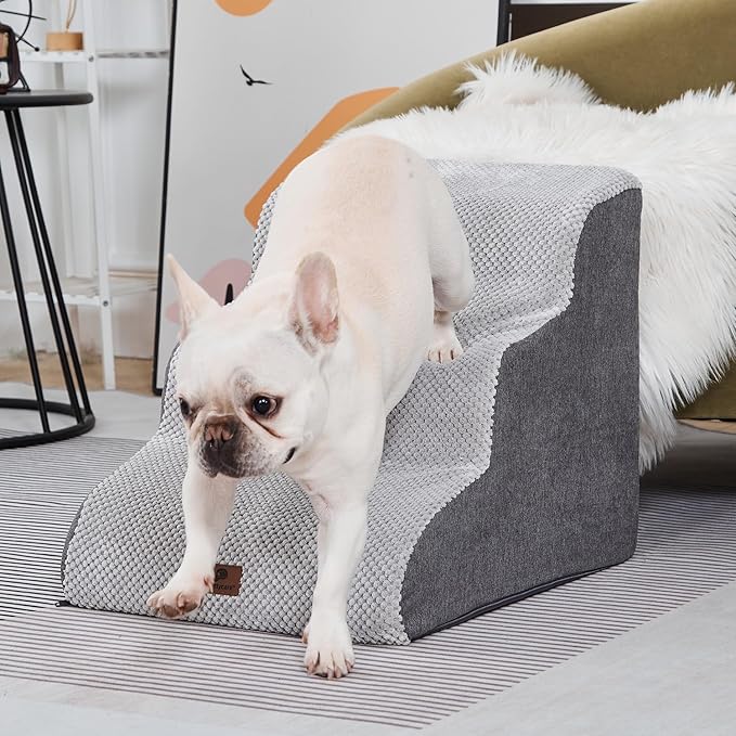 Pettycare Dog Stairs Ramp for High Beds and Couch,Curved Dog Steps for Small Pets, Pet Stairs Non-Slip Balanced Portable Puppy Ramp Indoor, 3 Steps,Grey