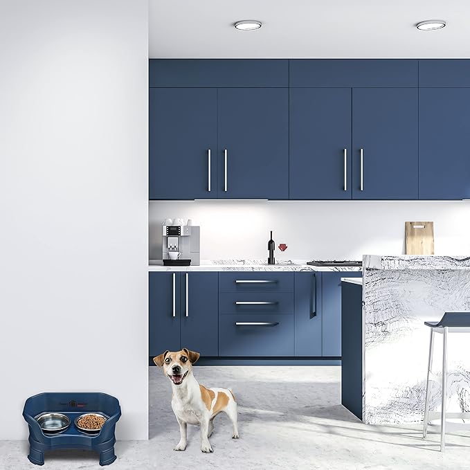 Neater Feeder Deluxe Mess Proof Dog Bowls Elevated for Small Breeds – Made in USA – No Spill Raised Dog Food Bowl Stand w/Leg Extensions – Stainless Steel Food and Water Bowl Set – Dark Blue