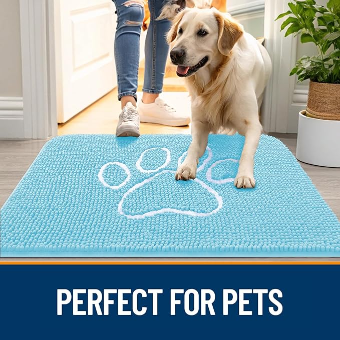 OLANLY Dog Door Mat for Muddy Paws 24x16, Paw Print Design, Absorbs Moisture and Dirt, Absorbent Non-Slip Washable Doormat, Quick Dry Chenille Mud Mat for Dogs, Entry Indoor Entryway Carpet, Blue