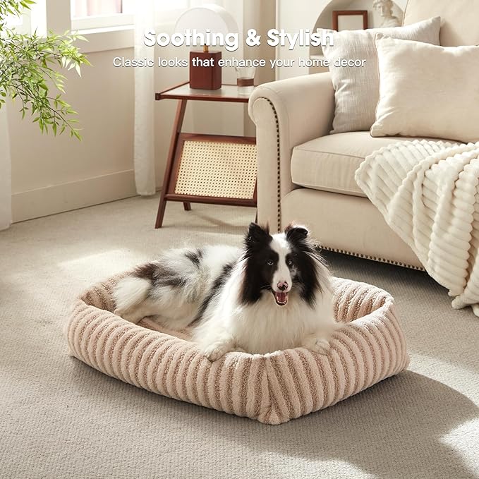 MIXJOY Dog Bed for Medium Sized Dogs, Washable Medium Dog Beds with Removable Cover, Rectangle Pet Beds with Non-Slip Bottom, Warming Calming Dogs Cuddler, 25"x21"x7", Beige