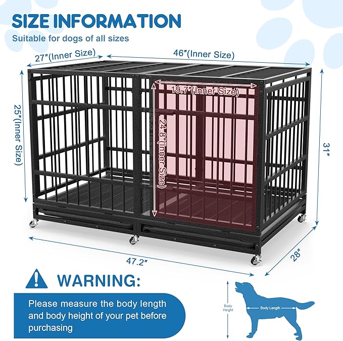 48 Inch Heavy Duty Dog Crate for Large Dogs Indestructible Dog Cage XL High Anxiety Kennel with Wheels Impact Escape-Proof Dogs Crate Indoor with Locks and 2 Removable Trays