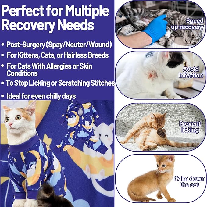 QBLEEV Cat Onesie for Cats After Surgery, Sticky Hair Cat Pajamas for Cats Only, Recovery Suit Shirt for Male Female, Full Body Long Sleeve Surgical Bodysuit, Stop Licking & Shedding