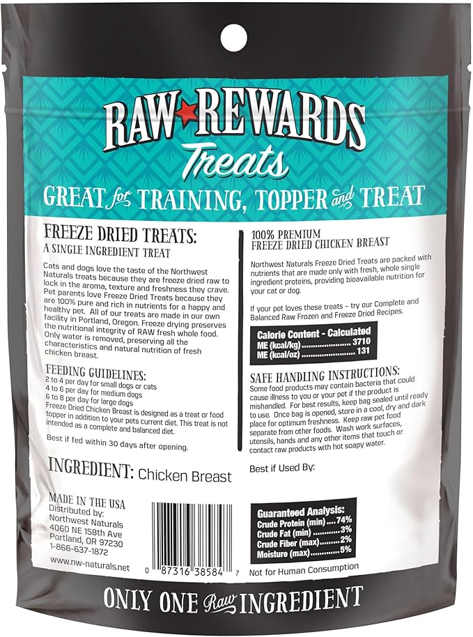Northwest Naturals Raw Rewards Freeze-Dried Chicken Breast Treats for Dogs and Cats - Bite-Sized Pieces - Healthy, 1 Ingredient, Human Grade Pet Food, All Natural - 3 Oz