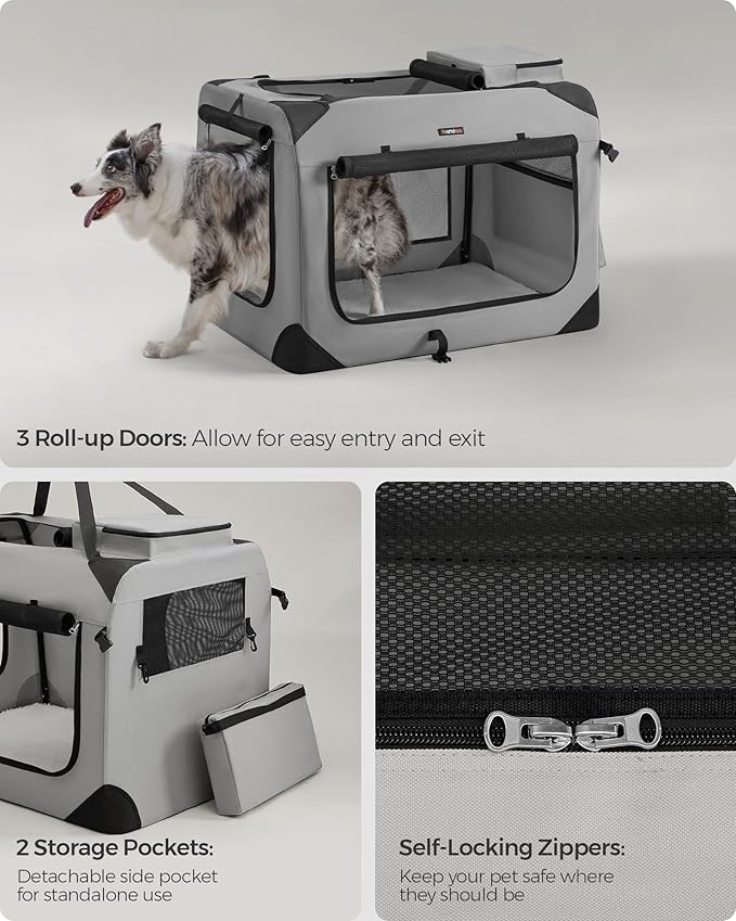 Feandrea 36 Inches Collapsible Soft Dog Crate, Portable Travel Dog Crate for Indoor and Outdoor Use, Dog Carrier Kennel with Safety Zippers, for Living Room, Car, Travelling, Smoke Gray UPDC090G02