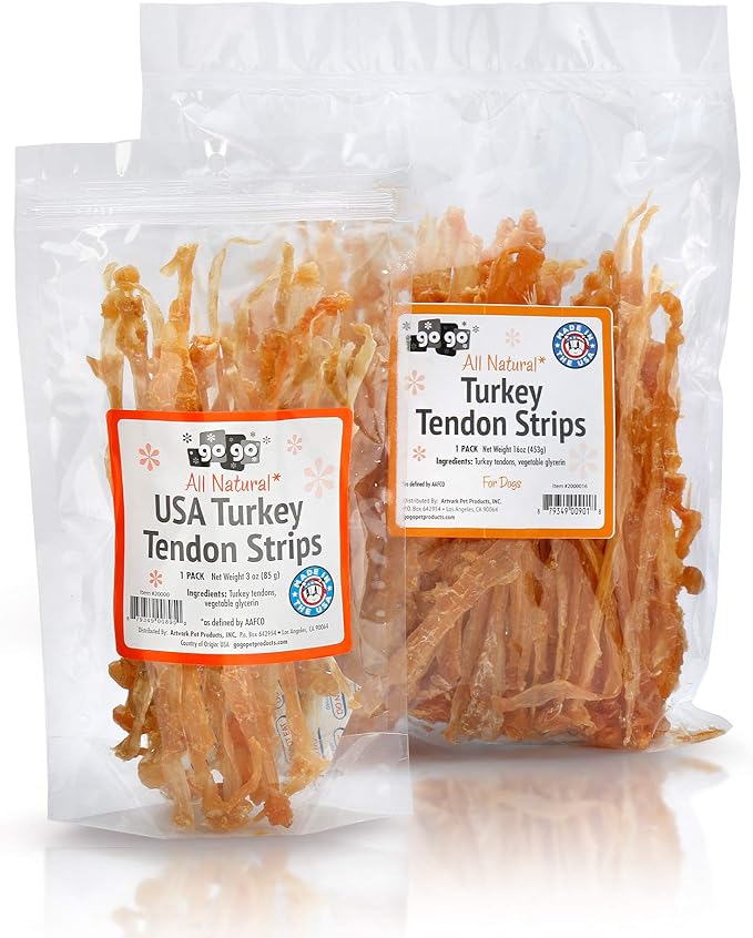 GOGO Turkey Tendon Strips Dog Chew Treats Sources and Made in The USA (1 lb)