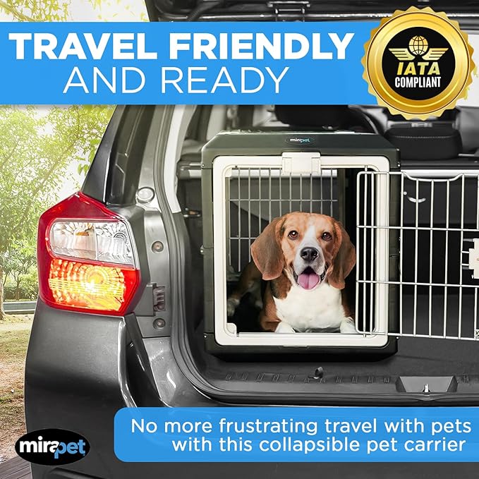 USA Pet Carrier & Crate 35" - Premium Collapsible Design for Medium Cats and Dogs - Portable Kennel for Indoor/Outdoor - 360° Ventilation & Hard Plastic Wall Protection (Gray Handle, Medium)