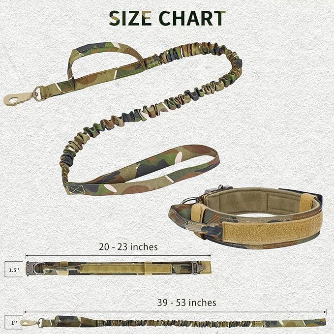 Tactical Dog Collar and Bungee Leash, Camo Military Dog Collar & Leash Set with USA American Flag Adjustable K9 Collar with Heavy Duty Metal Buckle & Handle,with Patches and Airtags Case (XL, Camo)