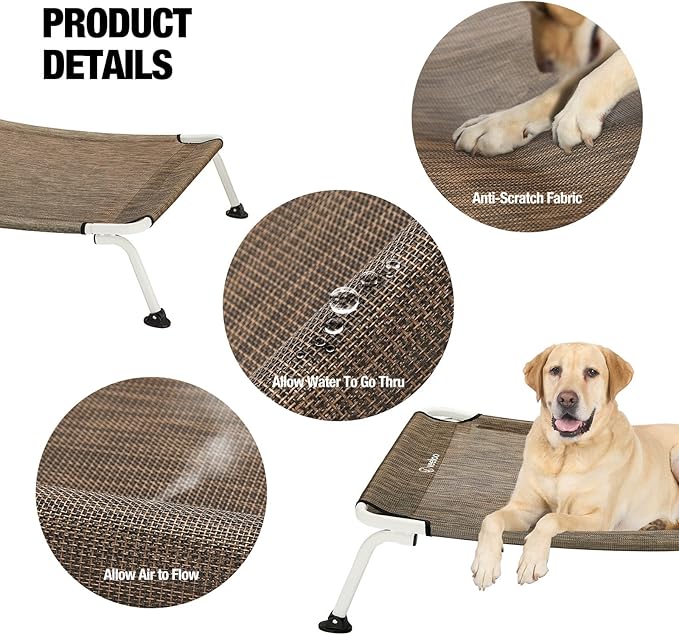 Veehoo Elevated Dog Bed for Outdoor, Cooling Waterproof Raised Dog Cots Beds XL, Curved Off Ground Pet Hammock Cot Lifted for Outside, up to 150lbs, White Legs, Brown 49"