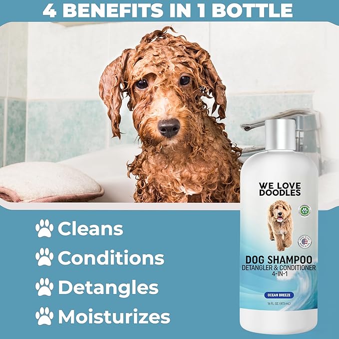 Dog Shampoo, Conditioner & Detangler - Best Shampoo for Goldendoodles, Poodles & Doodles - for Matted Pet Hair - Sensitive Skin Shampoo for Puppies - Made in The USA, 16OZ (Ocean Breeze)
