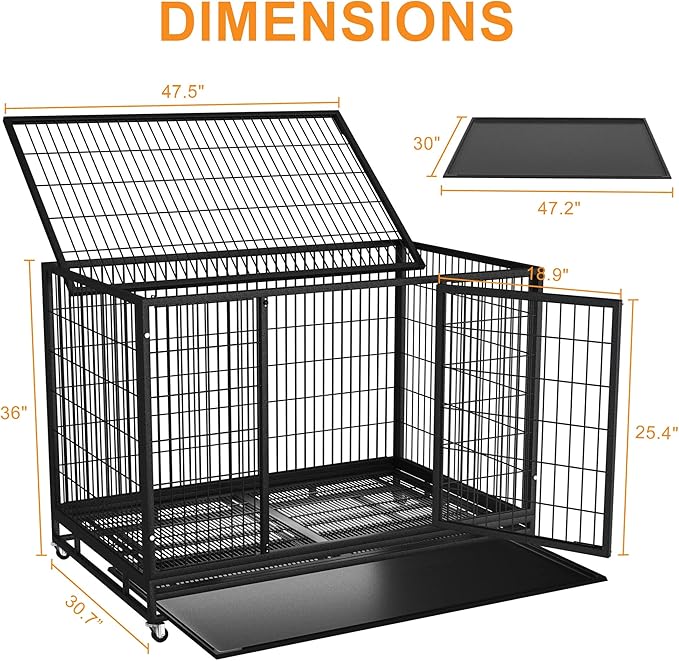 48/37 inch Heavy Duty Wire Dog Crate Cage Kennel for Large Dogs, High Anxiety Dog Crate with Removable Crate Trays, Wheels and Double Door, Extra Large XL XXL