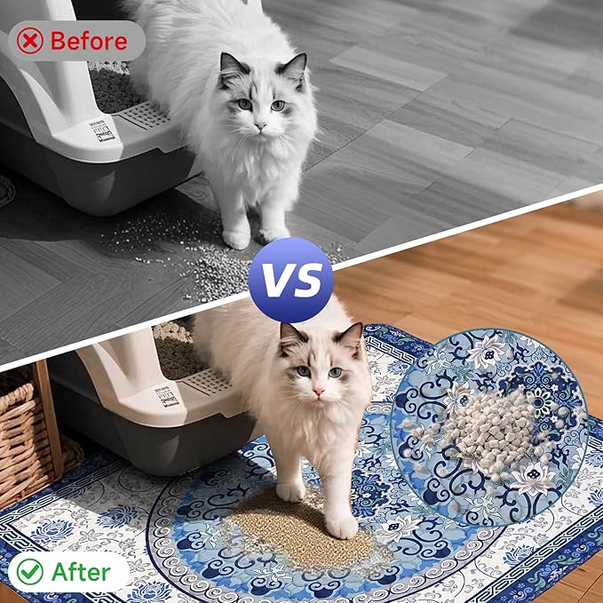 Cat Litter Mat, Reusable Kitty Litter Trapping Mat 2 PCs, 24"x18" Washable Litter Mats for Cats, Waterproof & Non-Slip Compatible with Cat Box (Indigo Blue Medallion, 24"x18"(2 PCS))