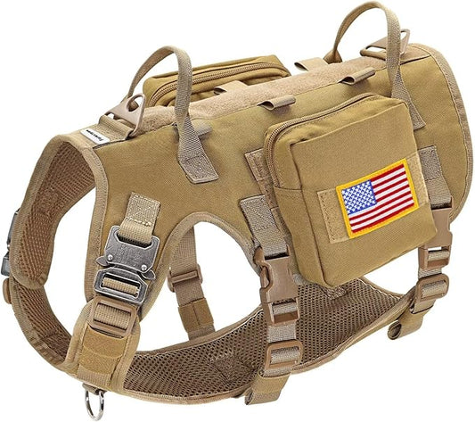 Forestpaw Dog Harness Medium Sized,Tactical Dog Harness with Handle,No Pull Military Style Service Dog Vest with Pockets Adjustable for Medium Dogs,Brown,Chest 15.5-25.5"