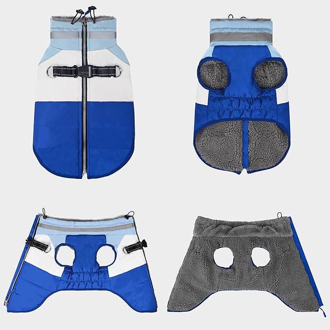 azuza Dog Coats for Large Dogs Waterproof Dog Coat with Reflective Strips and Harness Built in Warm Fleece Dogs Winter Coat Windproof with Back Zipper, Blue 3XL