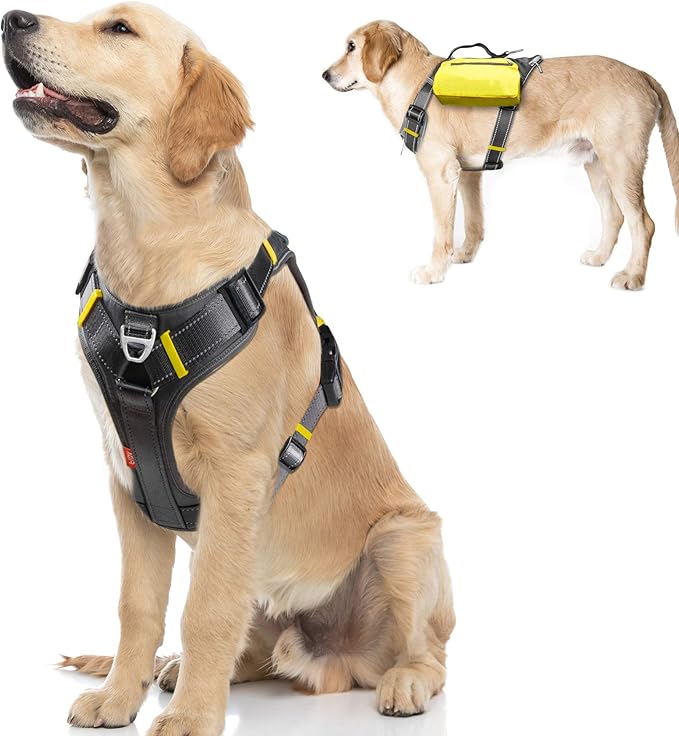 Fida Dog Harness, Multi-Functional No-Pull Pet Vest Harness with Saddle Bags Backpack, Front Leash Clip, Adjustable Soft Padded Reflective No-Choke Dog Vest Heavy Duty for Large Dog, L, Black