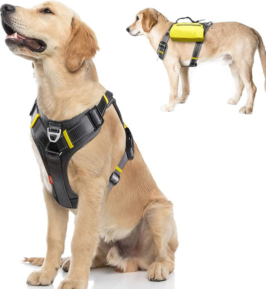 Fida Dog Harness, Multi-Functional No-Pull Pet Vest Harness with Saddle Bags Backpack, Front Leash Clip, Adjustable Soft Padded Reflective No-Choke Dog Vest Heavy Duty for Large Dog, L, Black