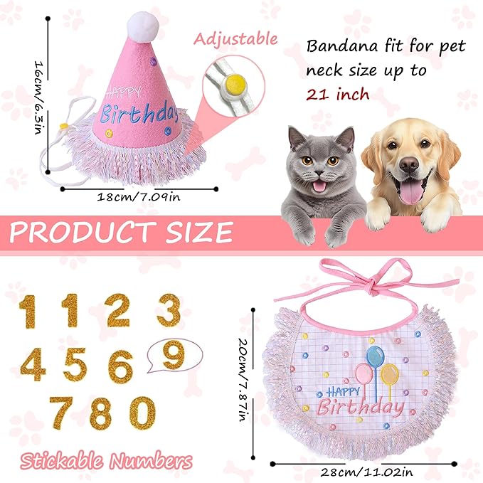 Dog Birthday Party Supplies, Dog Birthday Bandana Set,Bling Boy Girl Party Hat with Numbers for Puppy Large Medium Small Pet (Silver Set, Large)