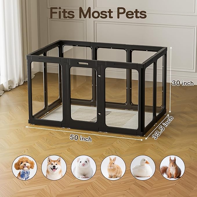 Jalove 30" H Clear Acrylic Plastic Dog Playpen Indoor, 10PCS for Puppy Cat Rabbit Ferret Transparent Pet Pen, Easy Assemble Whelping Crate Kennel Cage Enclosure, Ideal for Small to Medium Dogs, Black