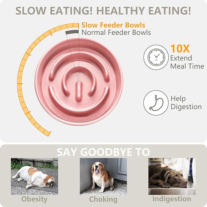 Ceramic Slow Feeder and Water Bowl Set for Small Dogs, Ceramic Dog Bowls Elevated with Wooden Stand, 0.6 Cups Dog Slow Feeder(14oz) and 30oz Water Bowl Set, Pink